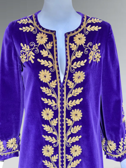 MALOUF Perfect Negligee, I. MAGNIN, 1960s vintage caftan evening dress, Royal Purple velvet and gold metallic & rhinestones Kaftan