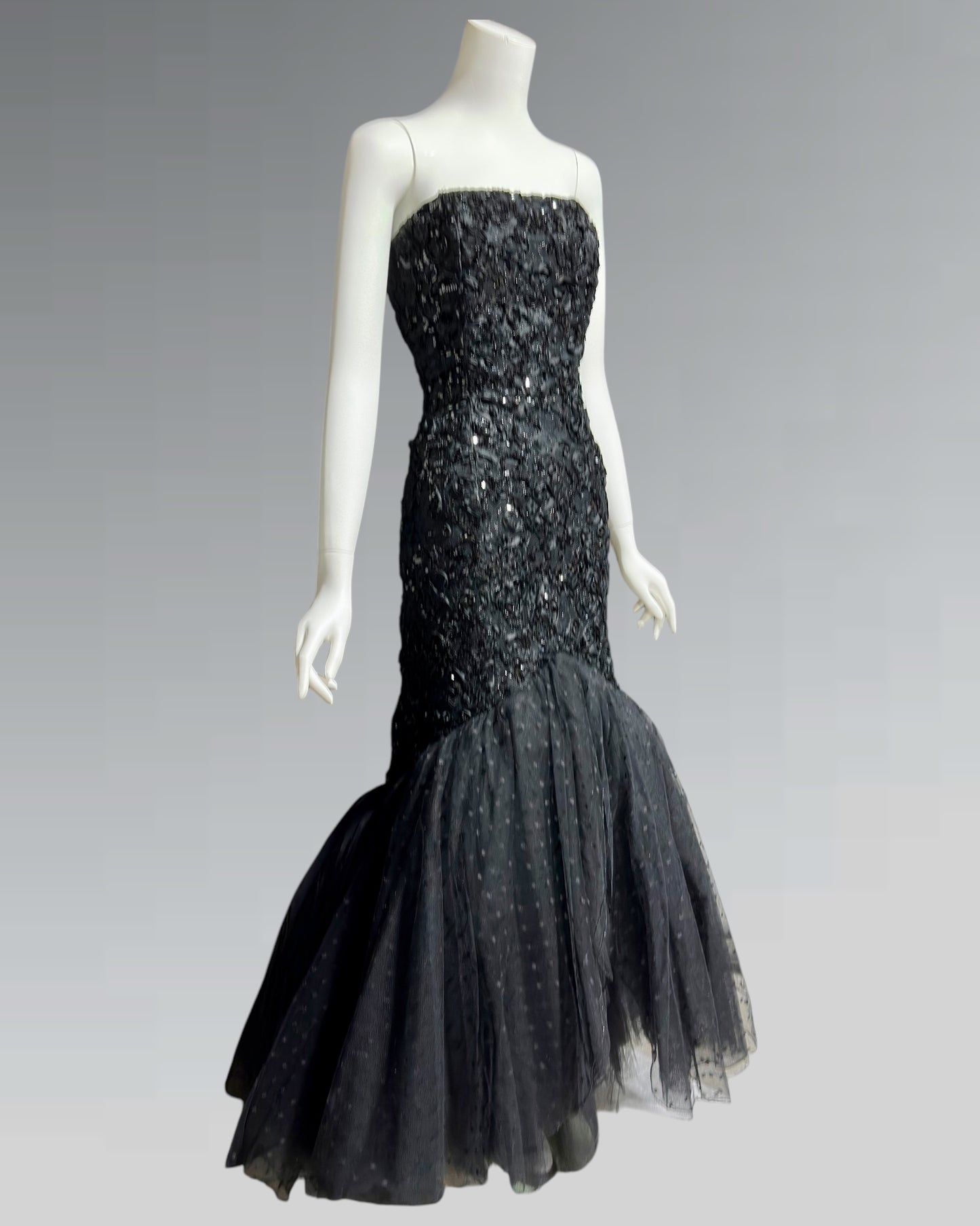 DAVID FIELDEN, 1980s Neiman Marcus, Black lace Mermaid sequin gown
