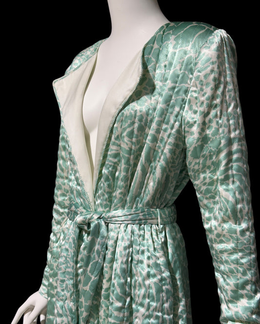 MARY MCFADDEN 1980s vintage robe housecoat, celadon green wrap front quilted dressing gown