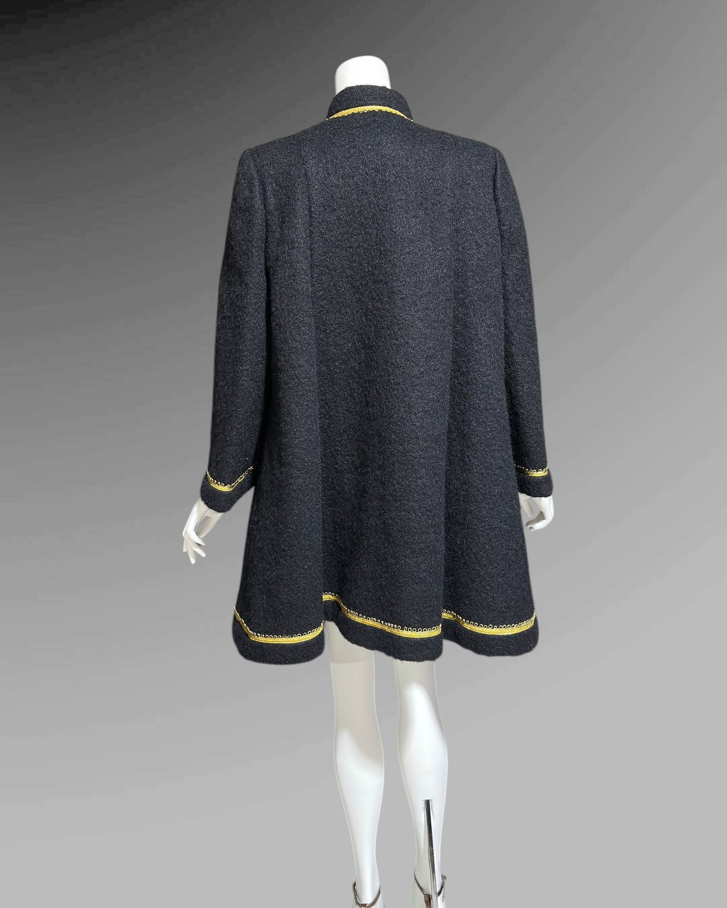TRIGERE 1980s mohair swing coat, for SAKS 5th Ave Black mohair gold metallic cord