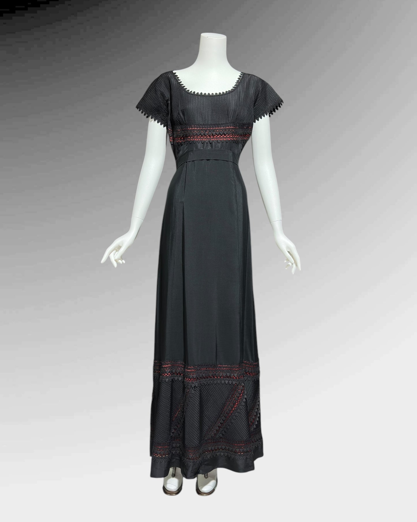 1960s vintage evening dress, Black and red satin gown, Pin tucks and see through lace