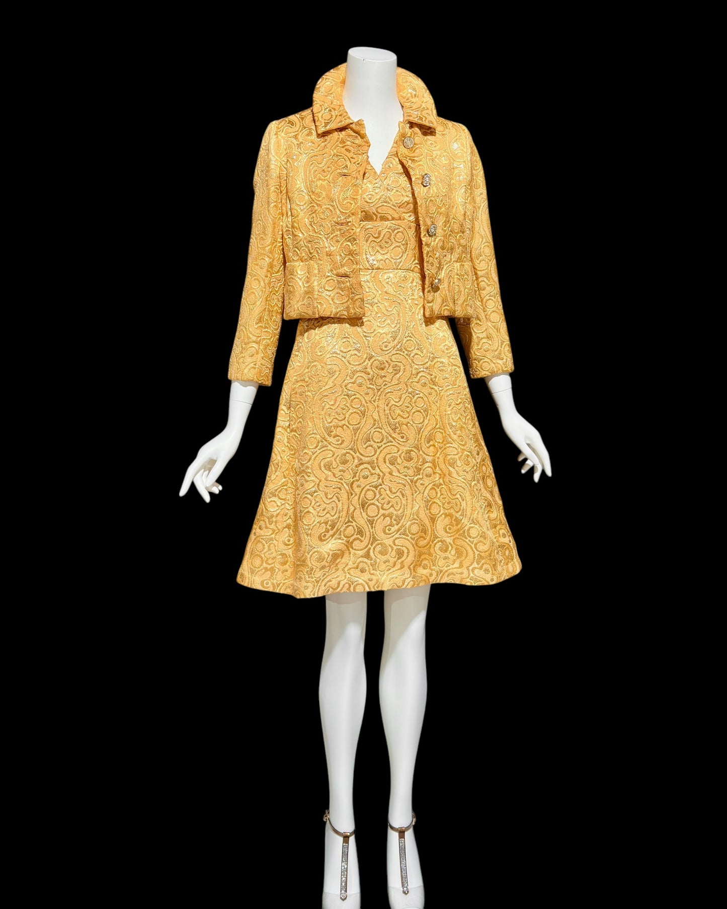 MALCOLM STARR Vintage dress jacket set, 1960s Apricot shiny gold brocade cocktail evening suit ensemble, dress and matching jacket