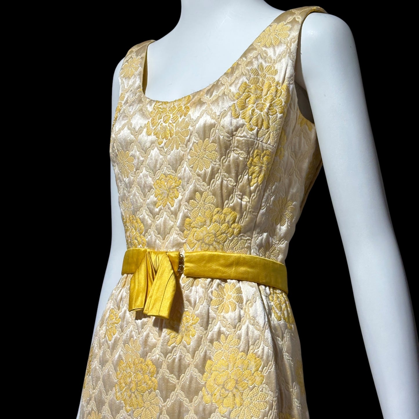 MOLLIE PARNIS Nan Duskin 1960s vintage evening dress, gold floral silk damask 2 pc gown and matching coat ensemble