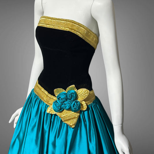 EUGENE ALEXANDER for Neiman Marcus, 1980s evening dress, black & teal rosette ball gown