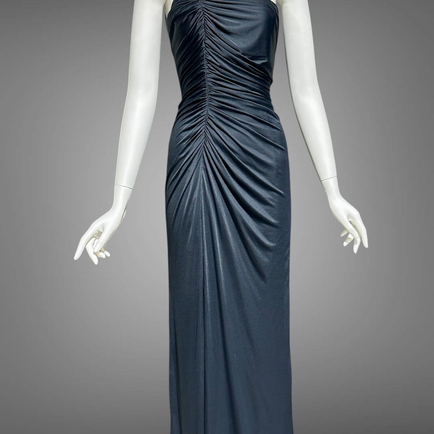 EUGENE ALEXANDER, vintage 1980s evening dress, Slinky Black sheath One Shoulder Grecian Goddess gown