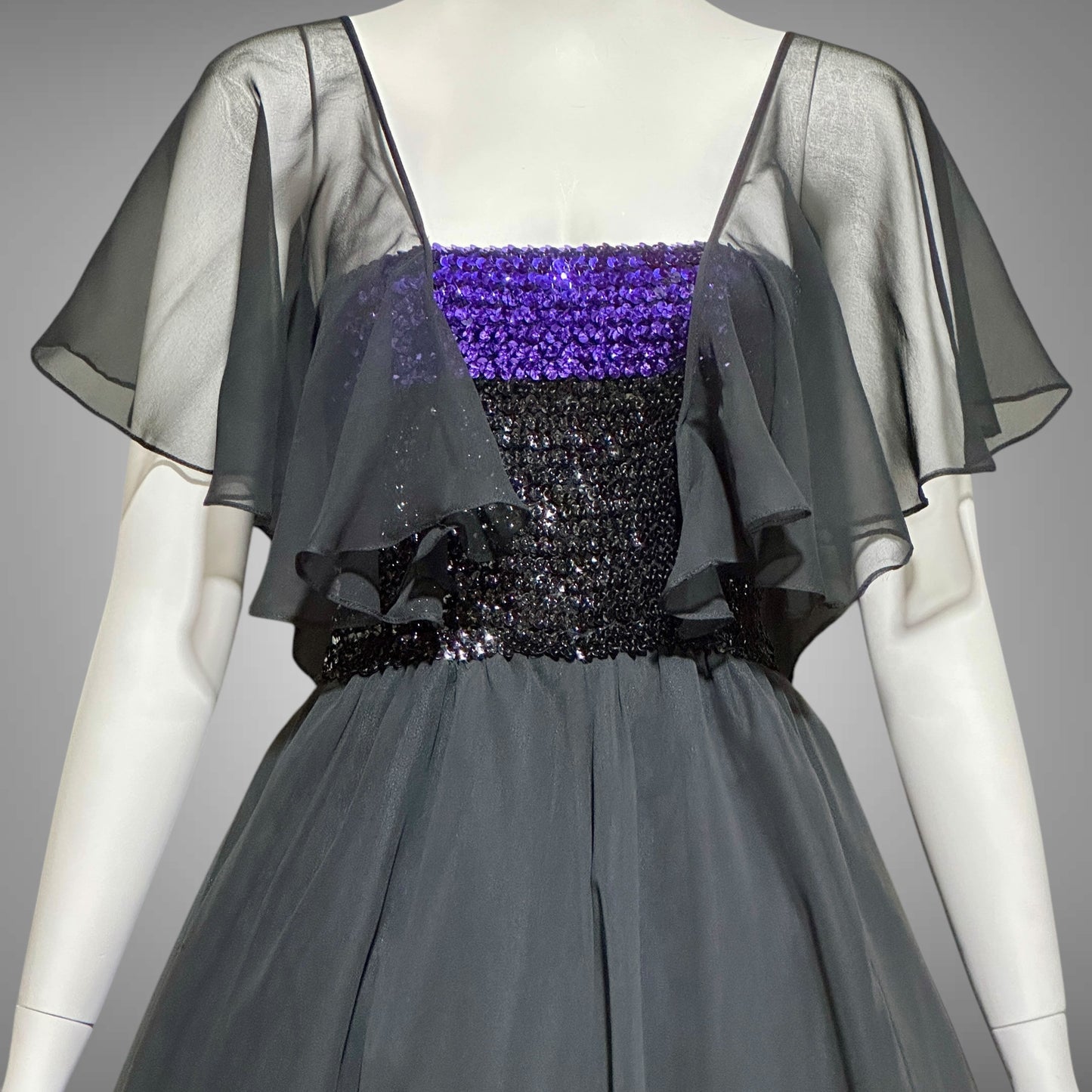 JEAN VARON, Made in England, vintage 1970s sequin and chiffon scarf evening dress