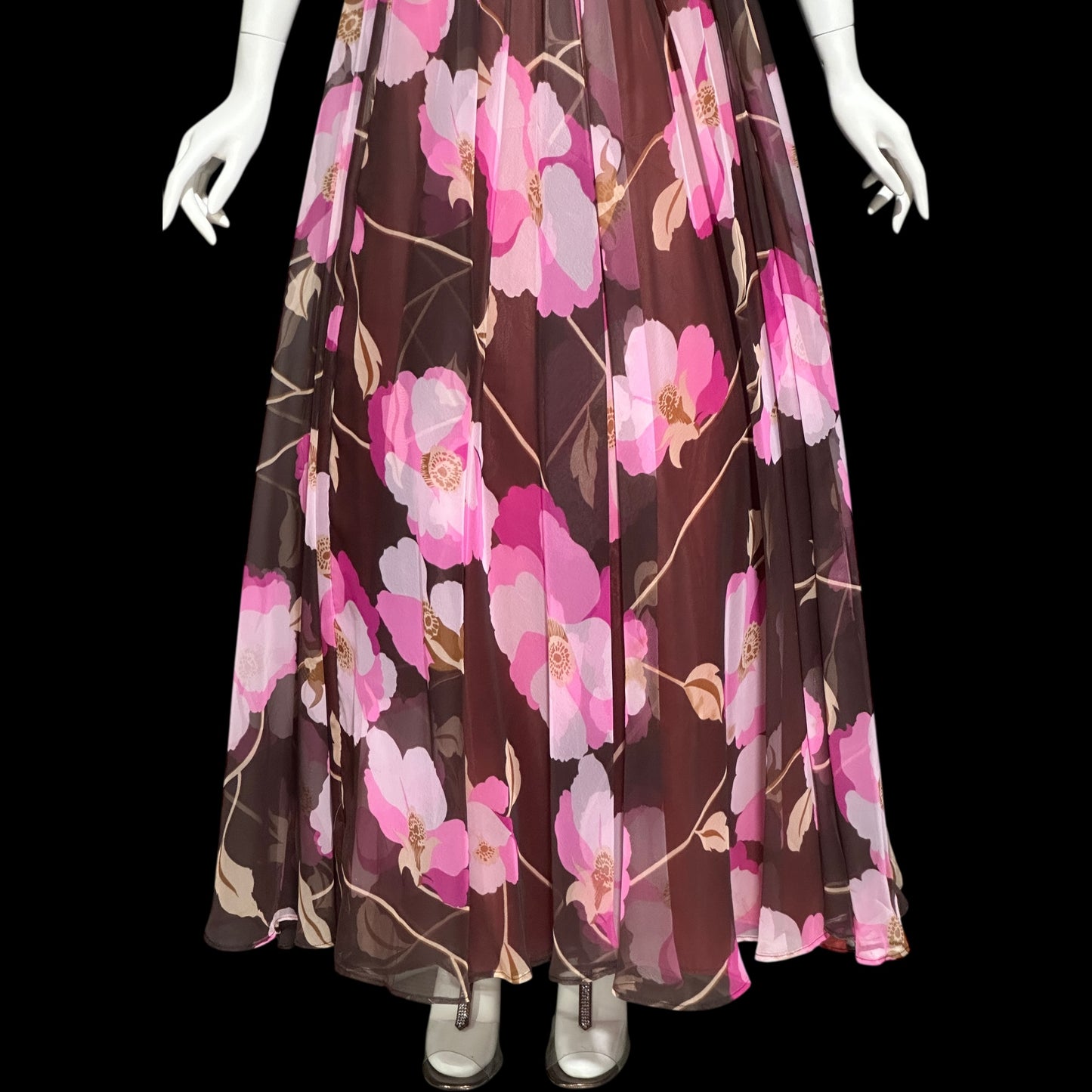 MIGNON New York, vintage 1970s floral Chiffon Maxi Dress, Chocolate Brown Hot Pink evening gown
