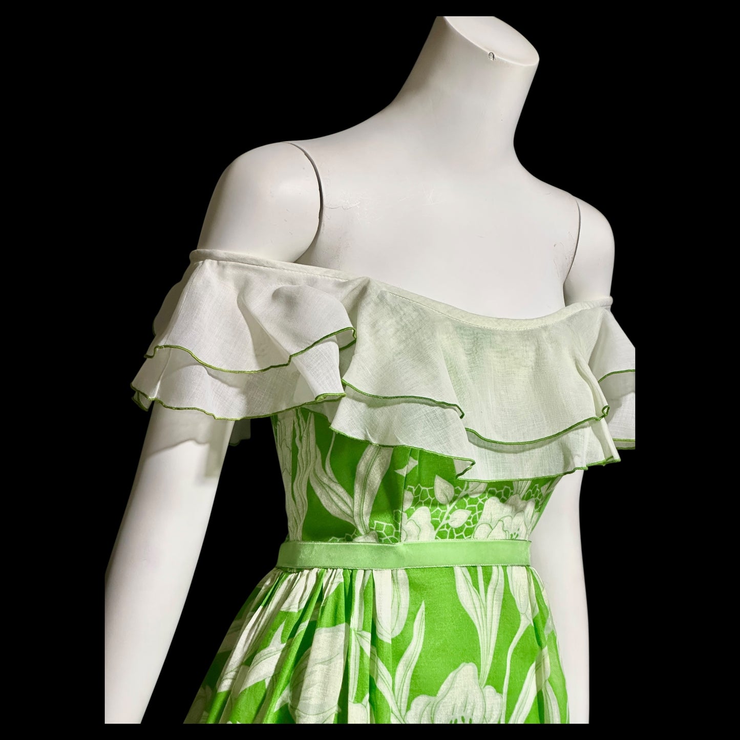 1970s vintage off shoulder maxi dress, Ruffle collar, sheer green and white floral, organza evening party dress