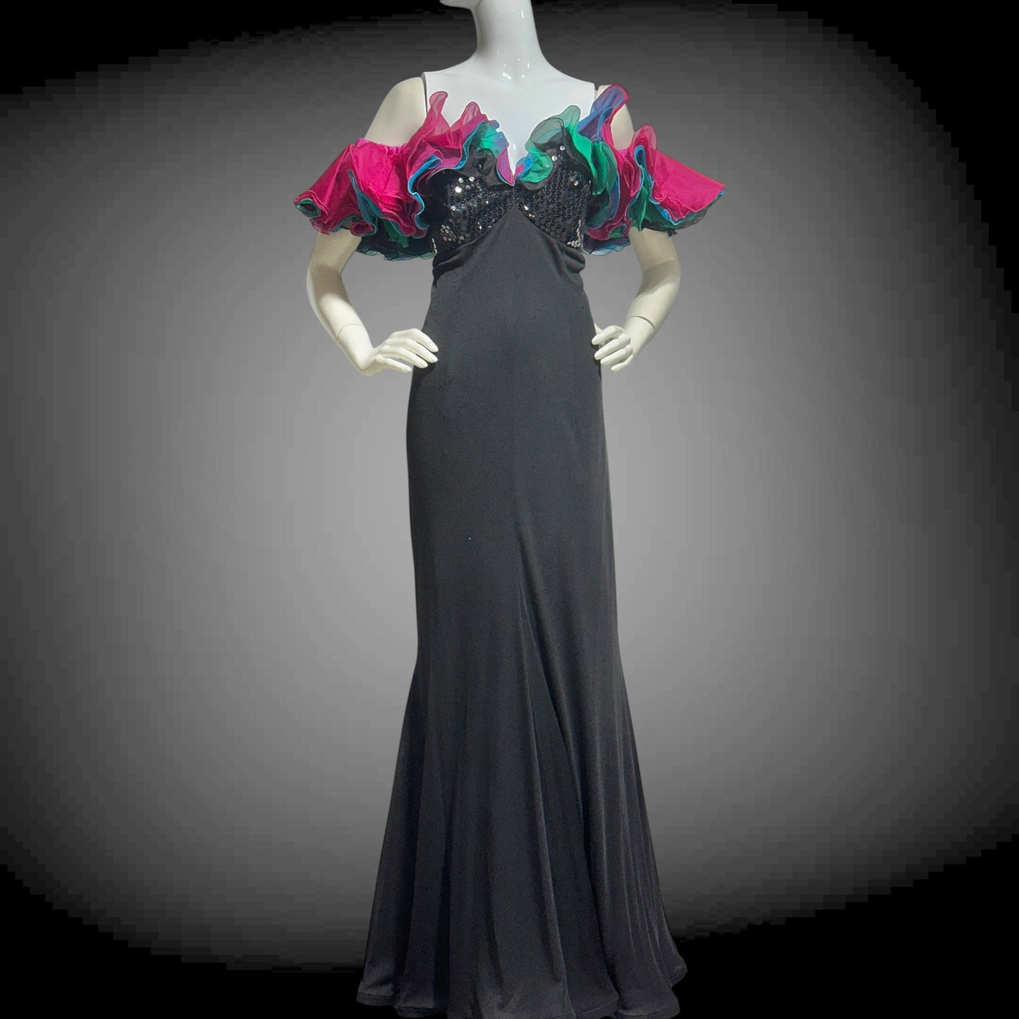 EUGENE ALEXANDER, vintage 1980s evening gown, Black sheath dress, HUGE ruffle collar, Sequin Bodice, on or off shoulders