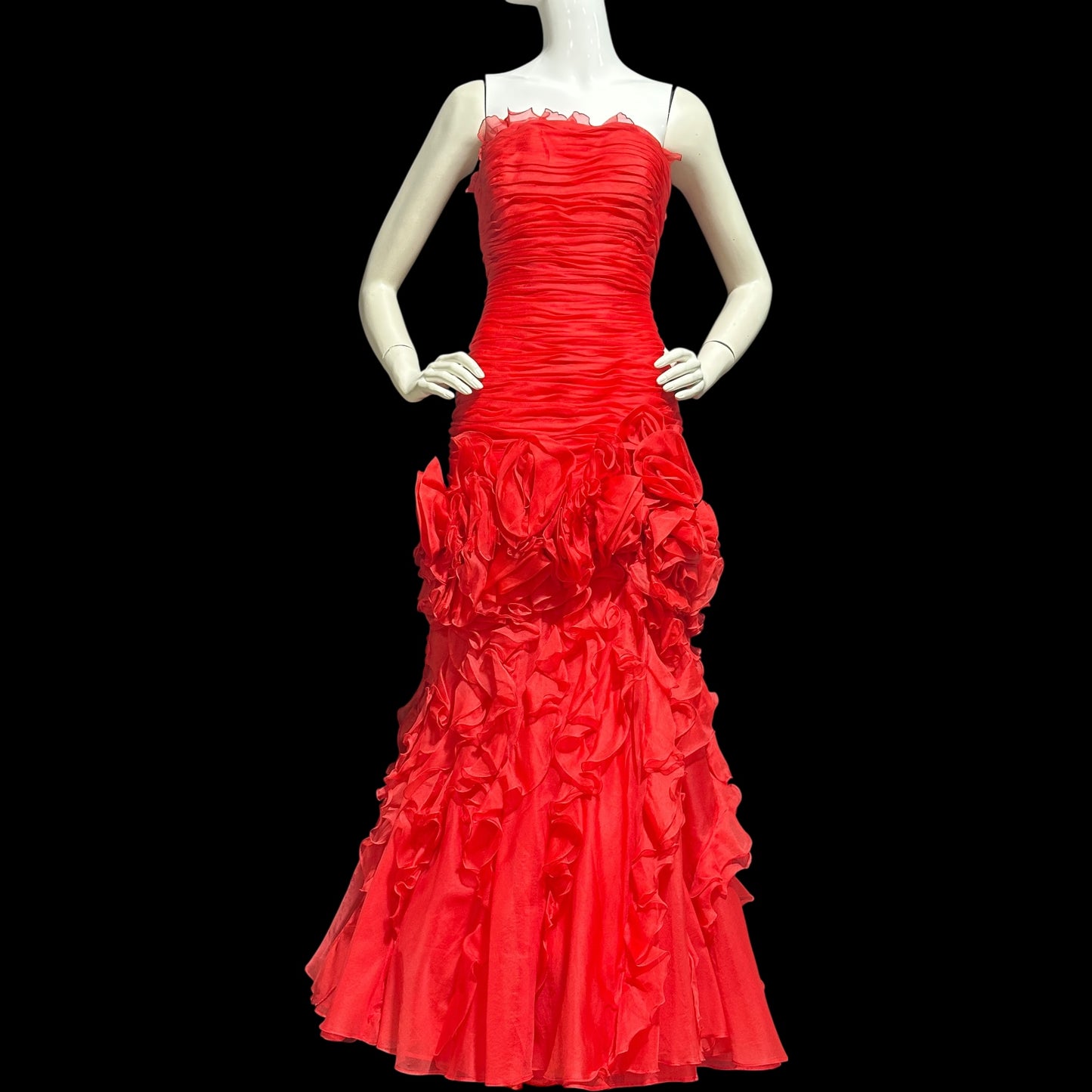 BELLVILLE SASSOON Lorcan Mullany, vintage 1980s evening dress, Red mermaid sheath gown, strapless tiered ruffles with matching bolero
