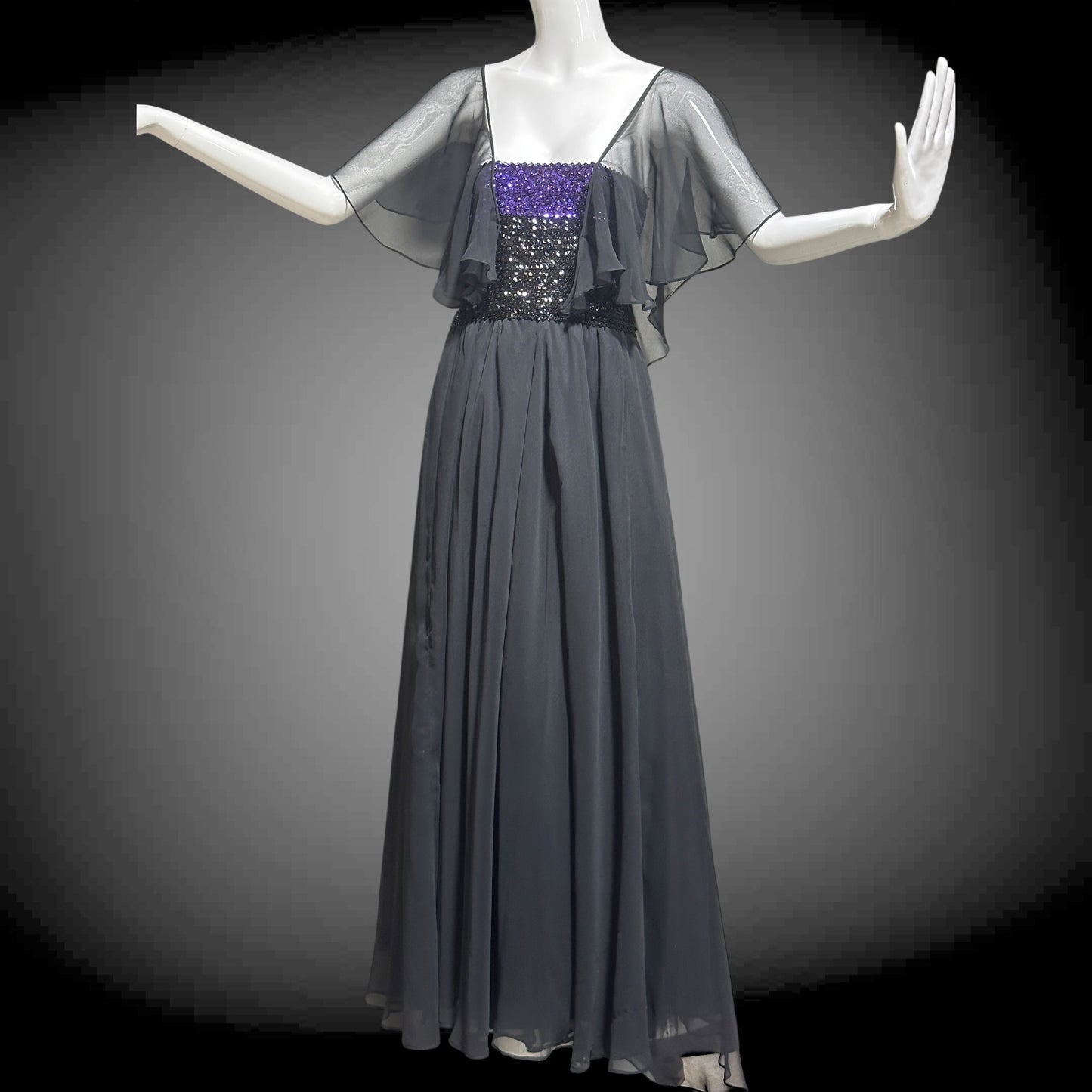 JEAN VARON, Made in England, vintage 1970s sequin and chiffon scarf evening dress