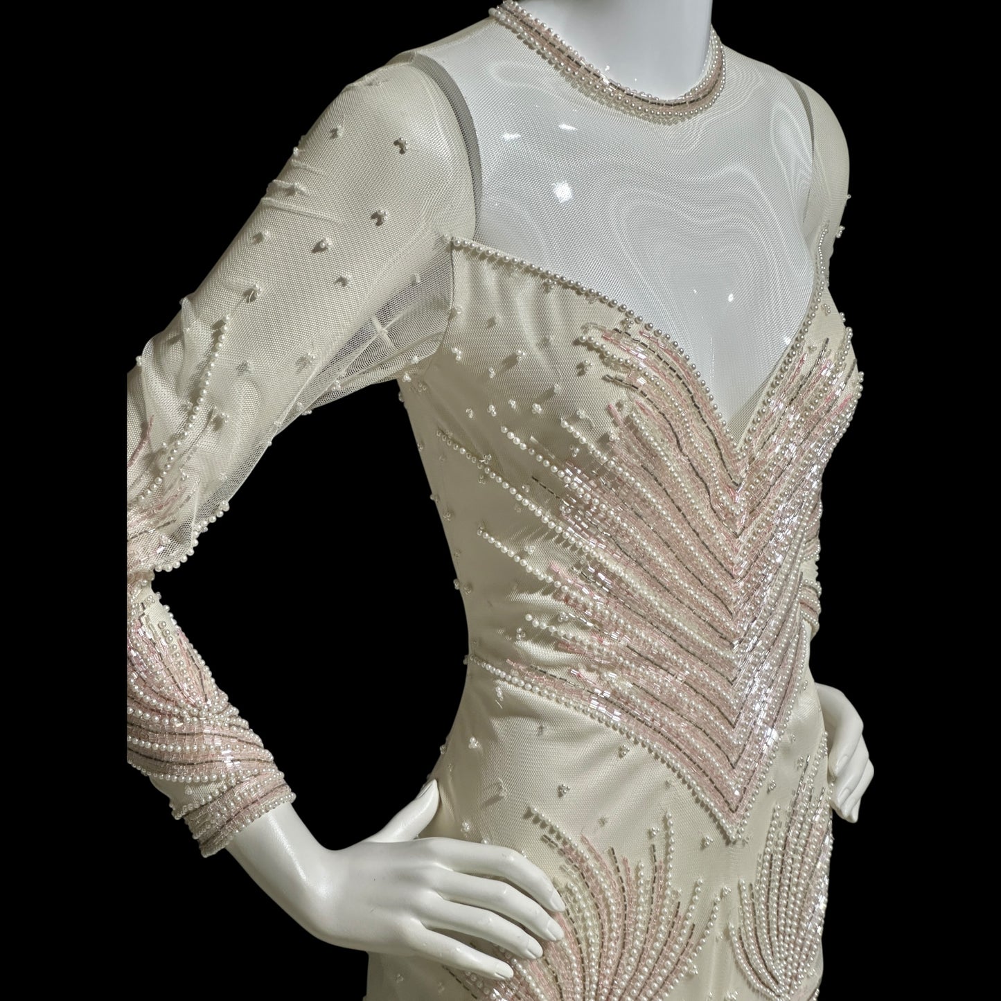 CARLOTA ALFARO, vintage 1980s evening gown, White pink beaded mermaid dress, ruffled bottom, illusion neckline
