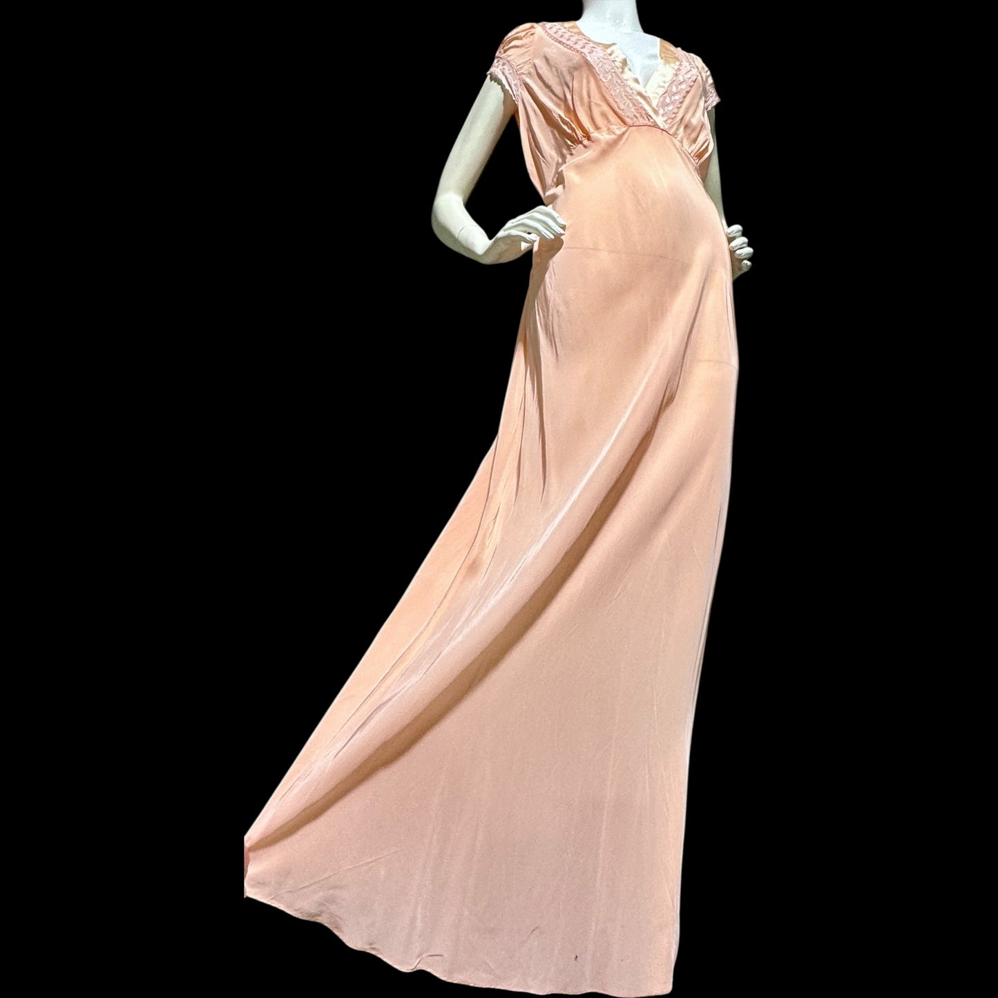 1940s vintage nightgown slip dress, Shiny peach bias cut rayon slip dress, full length, cap sleeves
