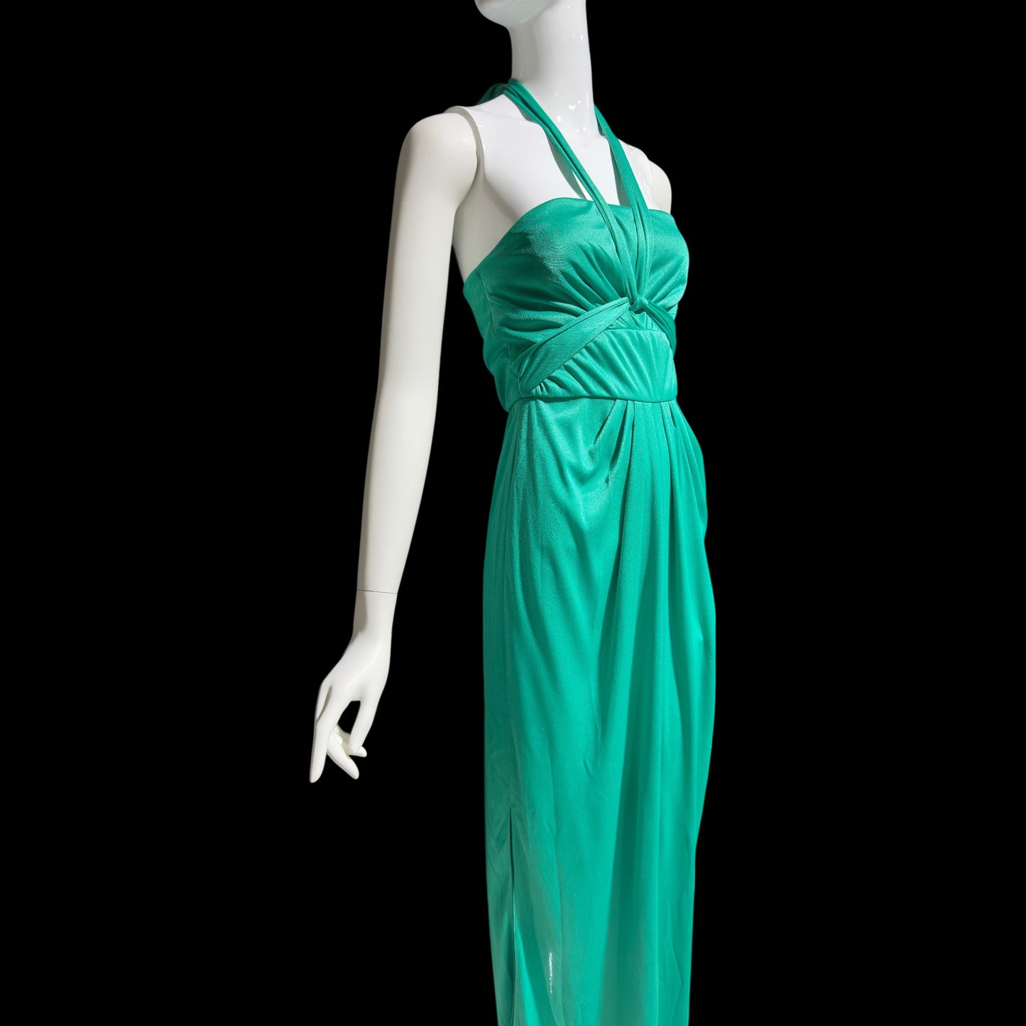 ESTEVEZ evening dress, vintage 1970s teal green jersey knit gown, Studio 54 cocktail disco party dress