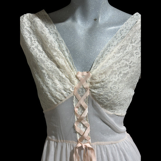 ODETTE BARSA vintage 1940s nightgown slip dress, Sheer pale pink with white lace full sweep Old Hollywood gown