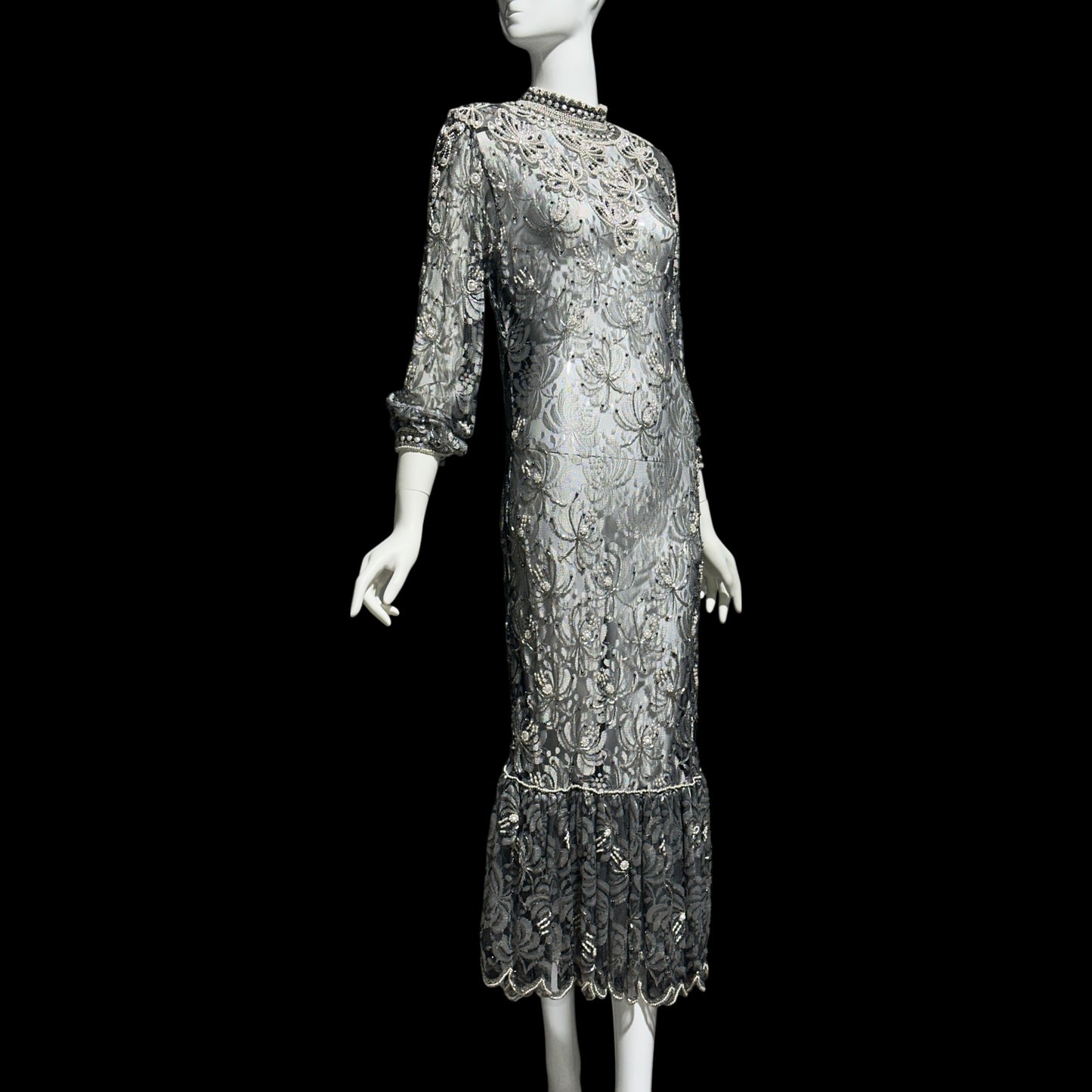 JUDITH ANN, Vintage 1980s sheer beaded dress, Black sheer mesh with beads, Hight neck with ruffle sheath cocktail party dress