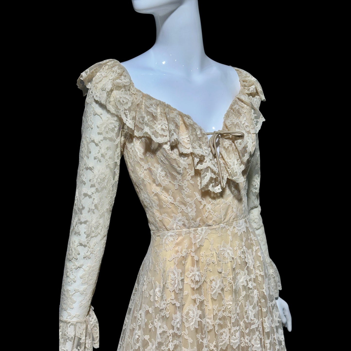 LES WILK 1970s vintage evening dress, lace beige ruffle deep V neckline full sweep wedding dress