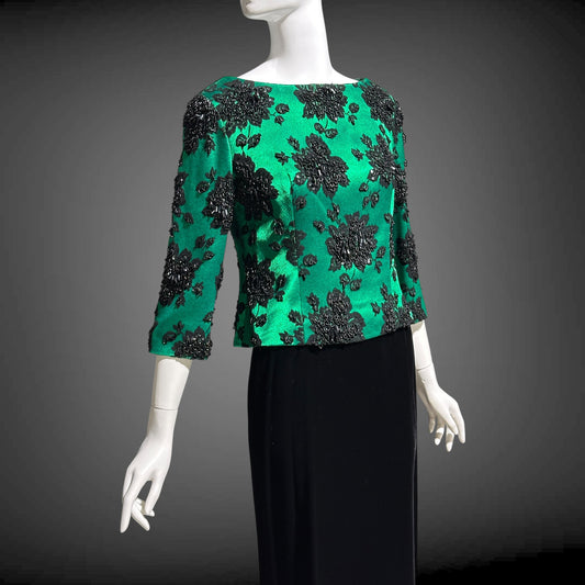 SAKS FIFTH AVE 1960s vintage evening dress, Beaded Black Velvet Green Satin 2 piece long dress