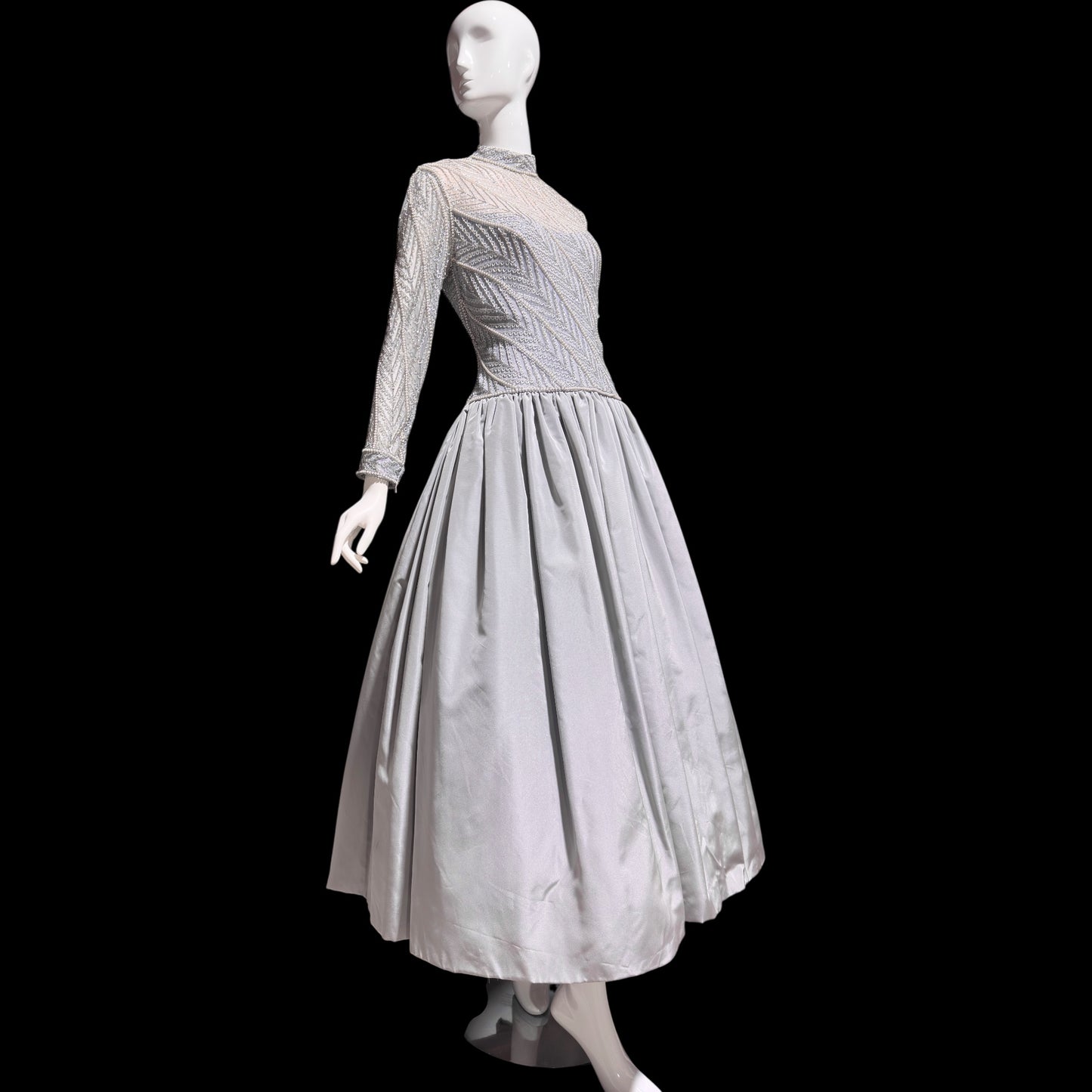 BOB MACKIE, vintage 1980s evening dress ball gown, Silver grey heavily beaded taffeta gown, Long sleeve high neck