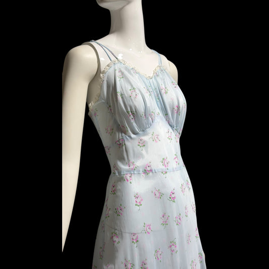 ALBERTA vintage 1940s nightgown slip dress, Sheer dusty blue with with pink rosebuds, Old Hollywood full length gown