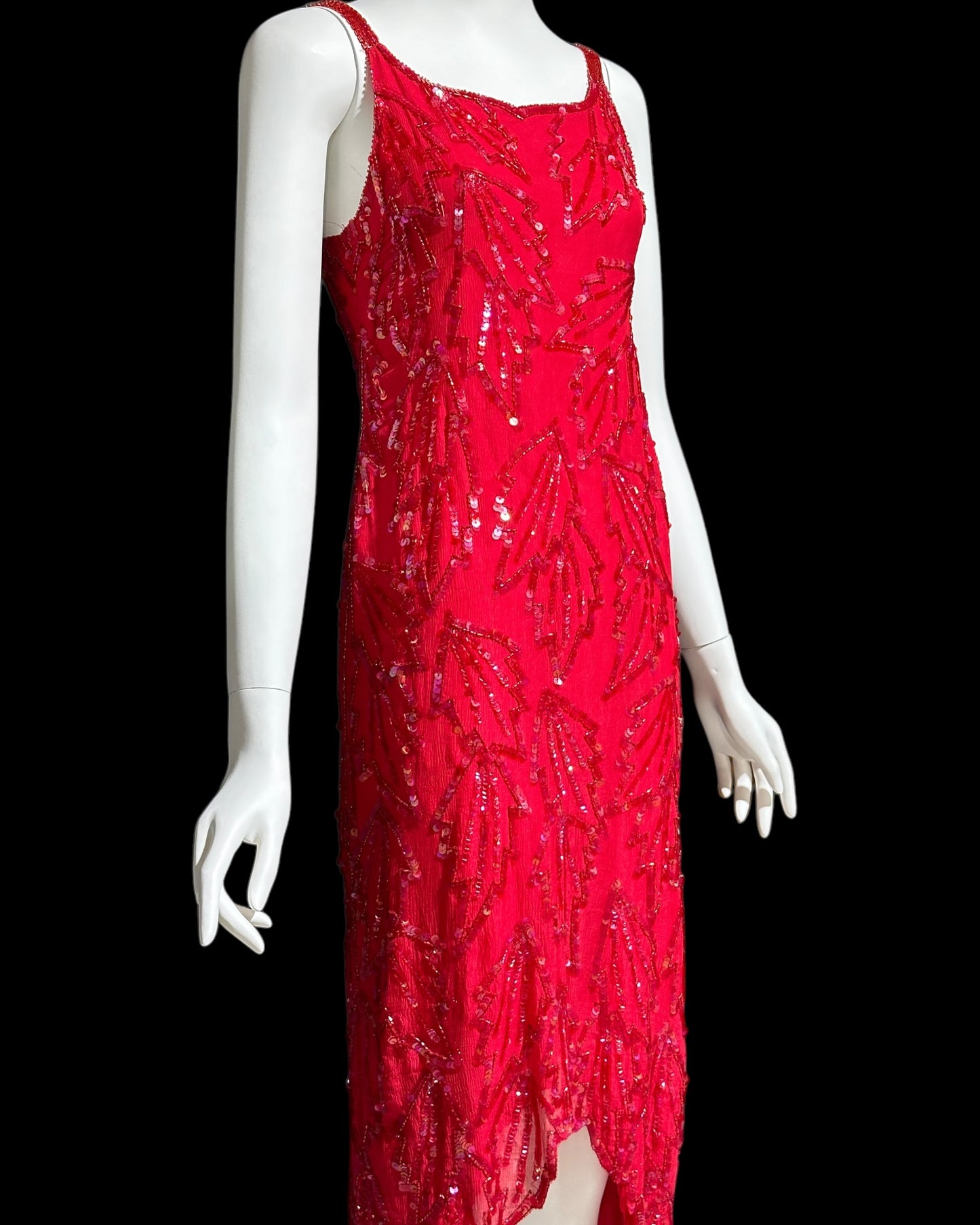 KAYE LOUISE vintage 1990s dress, red 100% silk and sequin beaded cocktail party slip dress