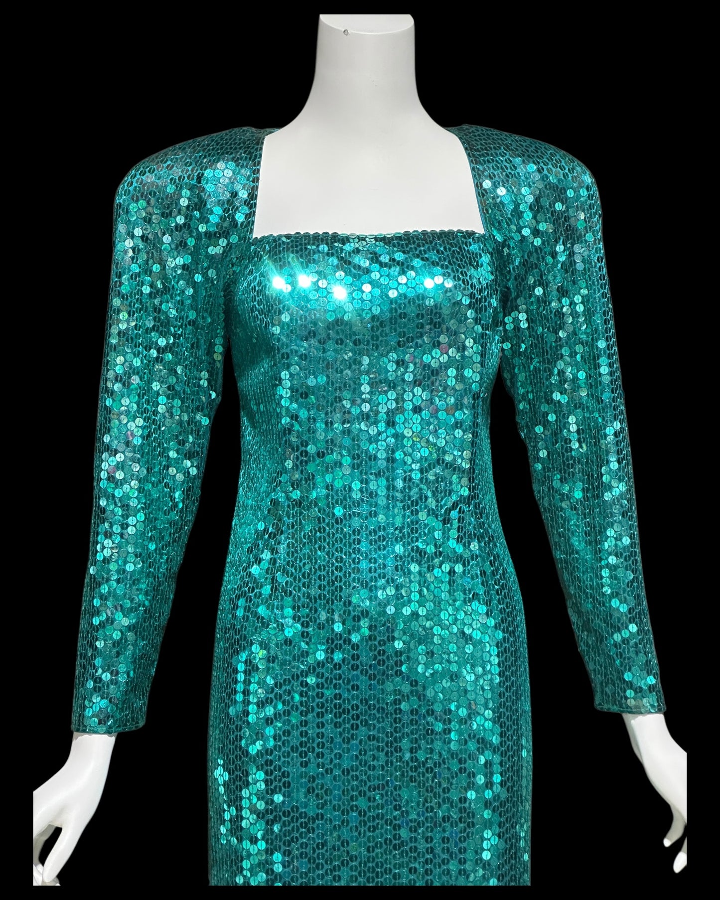 OLEG CASSINI vintage 1980s bodycon sequin evening gown, Mermaid teal green sheath gown with open back