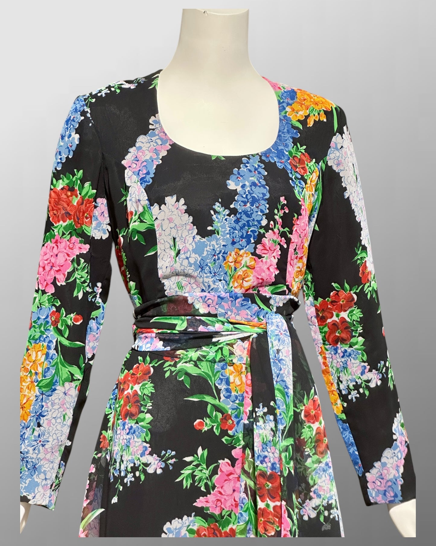 RAZOOK'S vintage 1970s evening dress, poly chiffon floral maxi dress