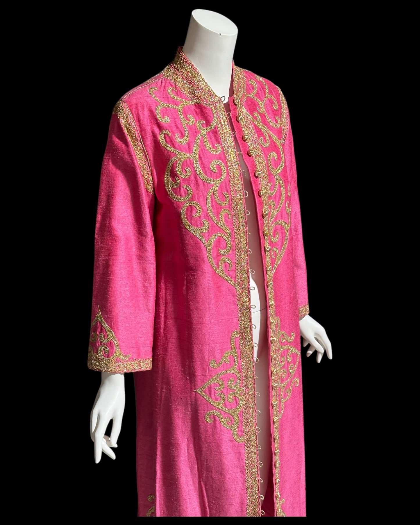 MOROCCAN KAFTAN vintage 1960s raw silk caftan evening dress, Hand Made Hot Pink and gold metallic