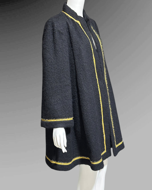 TRIGERE 1980s mohair swing coat, for SAKS 5th Ave Black mohair gold metallic cord