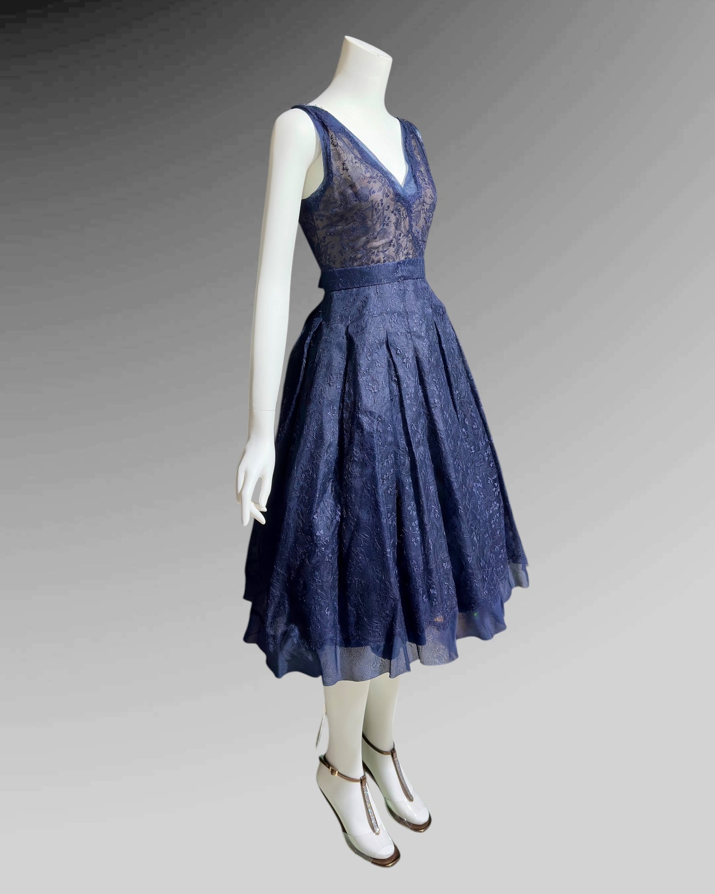 OLDRIC ROYCE by Tony Abate, vintage 1950s evening cocktail dress, navy organza fit and flare party dress