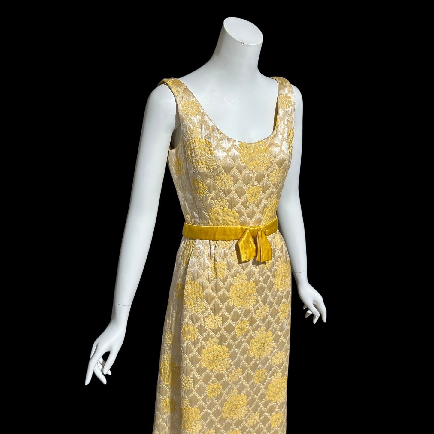 MOLLIE PARNIS Nan Duskin 1960s vintage evening dress, gold floral silk damask 2 pc gown and matching coat ensemble