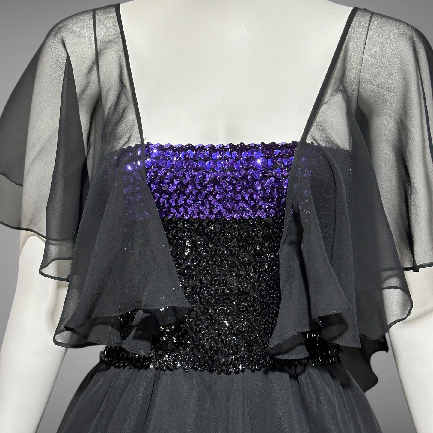 JEAN VARON, Made in England, vintage 1970s sequin and chiffon scarf evening dress