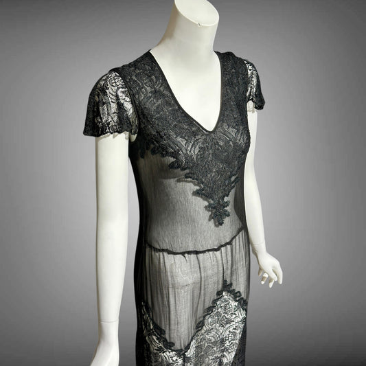 1930s vintage sheer black lace dress, wickedly sheer French lace sheath evening dress
