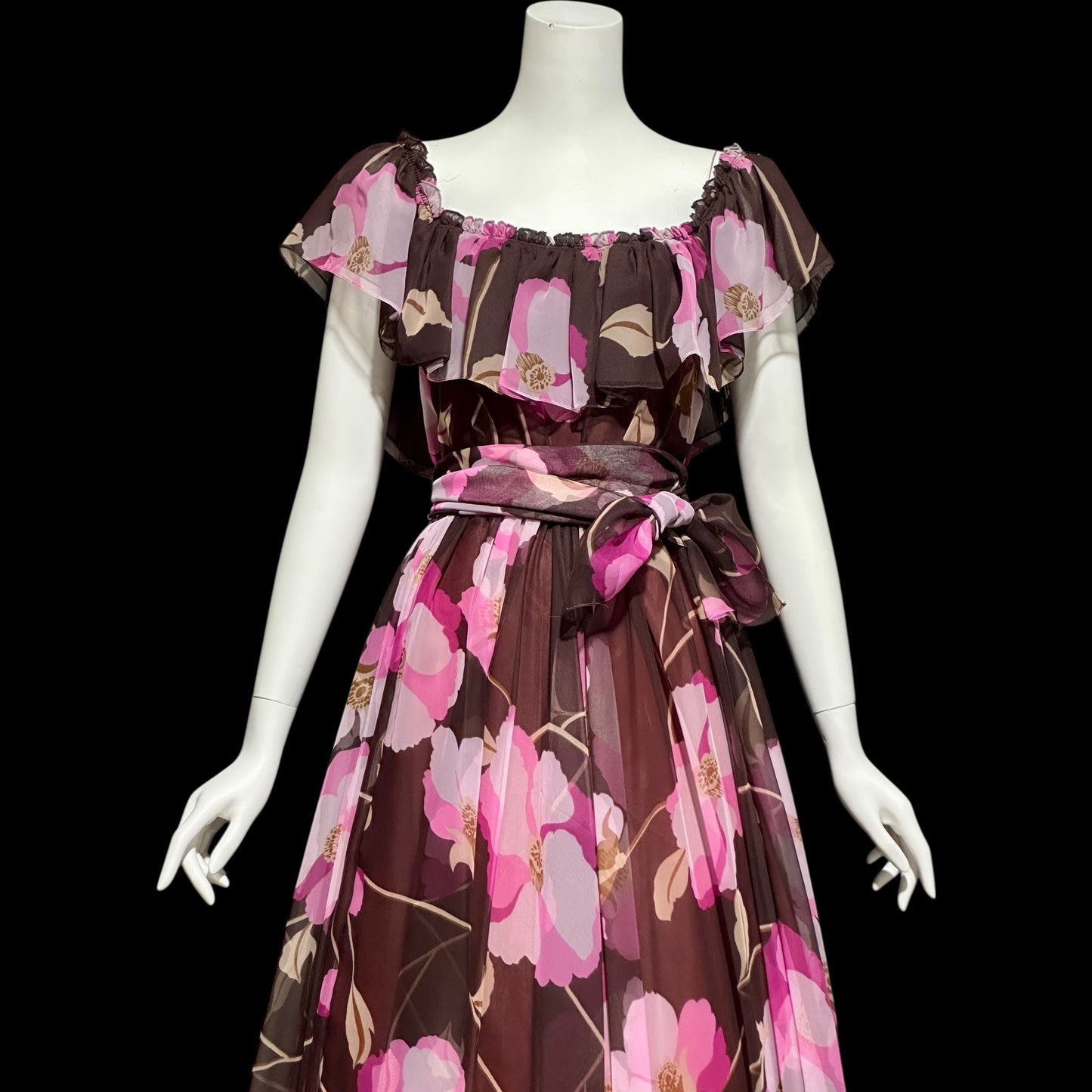 MIGNON New York, vintage 1970s floral Chiffon Maxi Dress, Chocolate Brown Hot Pink evening gown