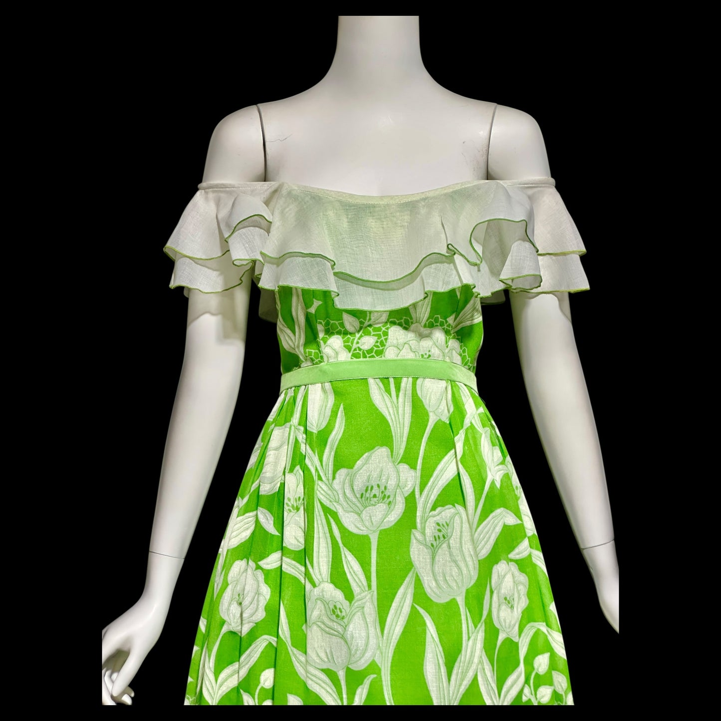 1970s vintage off shoulder maxi dress, Ruffle collar, sheer green and white floral, organza evening party dress