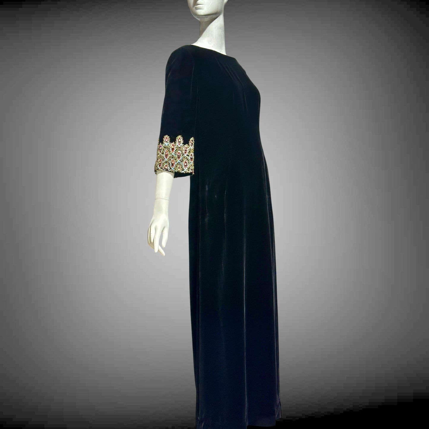 CAMEO vintage evening dress, for Bonwit Teller, 1960s black velvet beaded gown