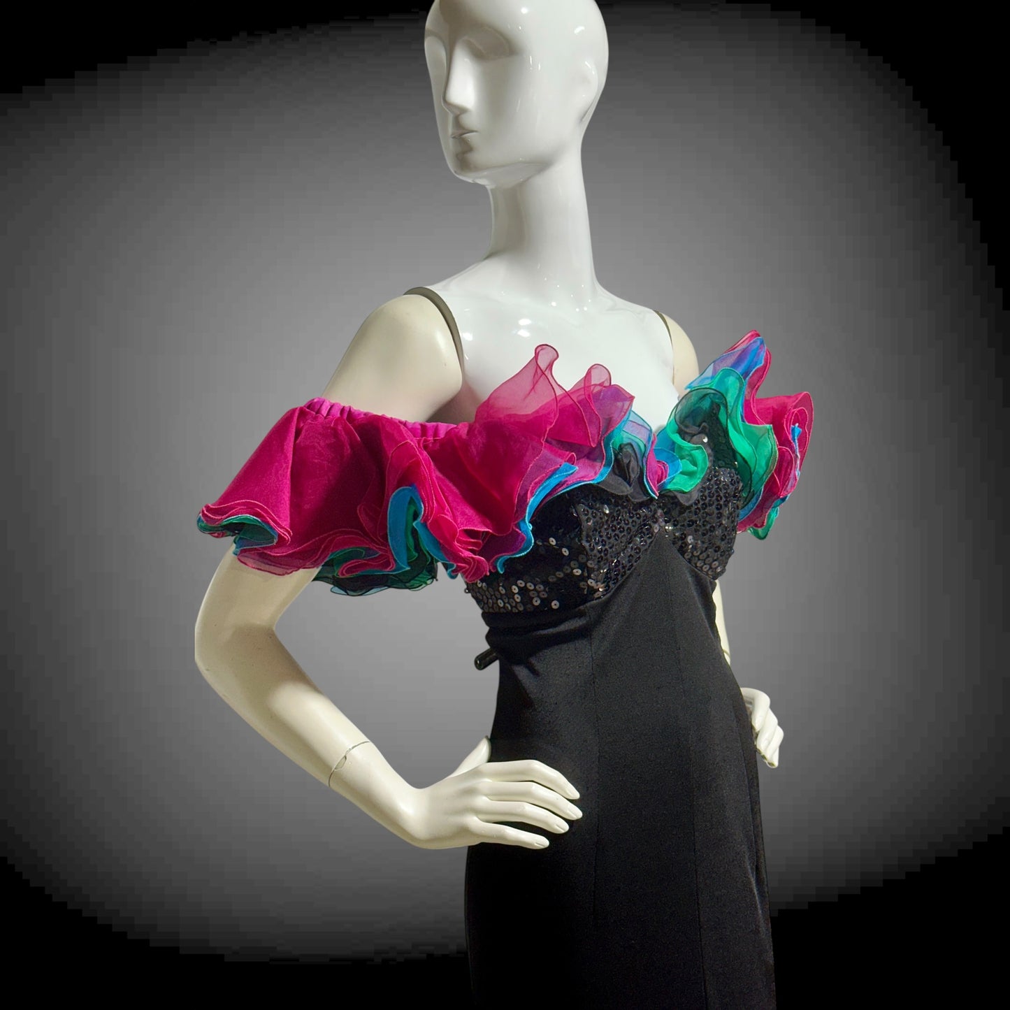 EUGENE ALEXANDER, vintage 1980s evening gown, Black sheath dress, HUGE ruffle collar, Sequin Bodice, on or off shoulders