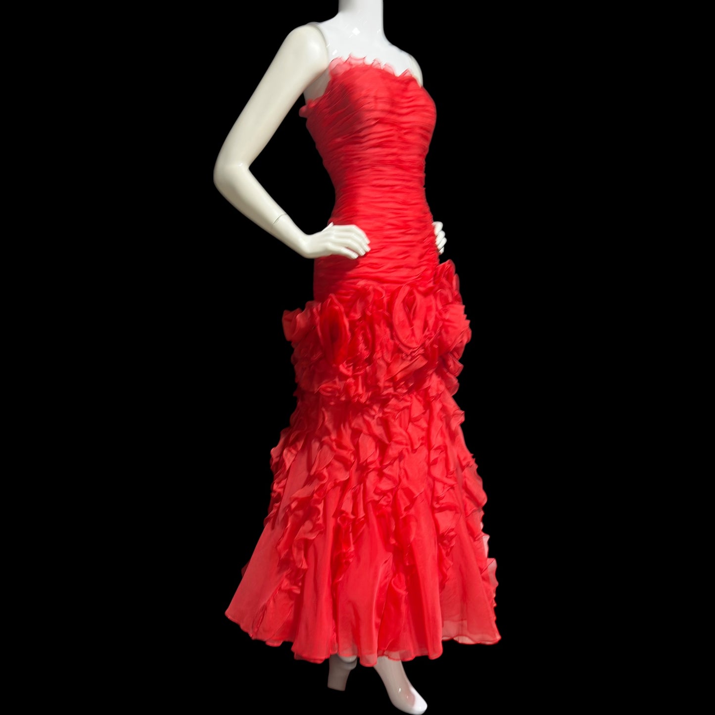 BELLVILLE SASSOON Lorcan Mullany, vintage 1980s evening dress, Red mermaid sheath gown, strapless tiered ruffles with matching bolero