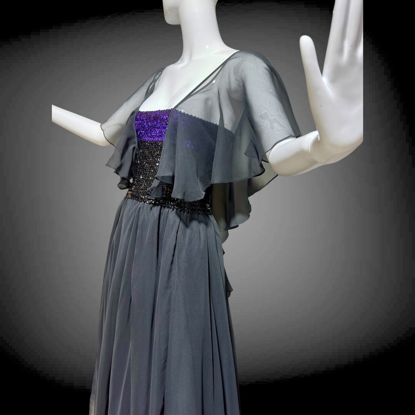 JEAN VARON, Made in England, vintage 1970s sequin and chiffon scarf evening dress