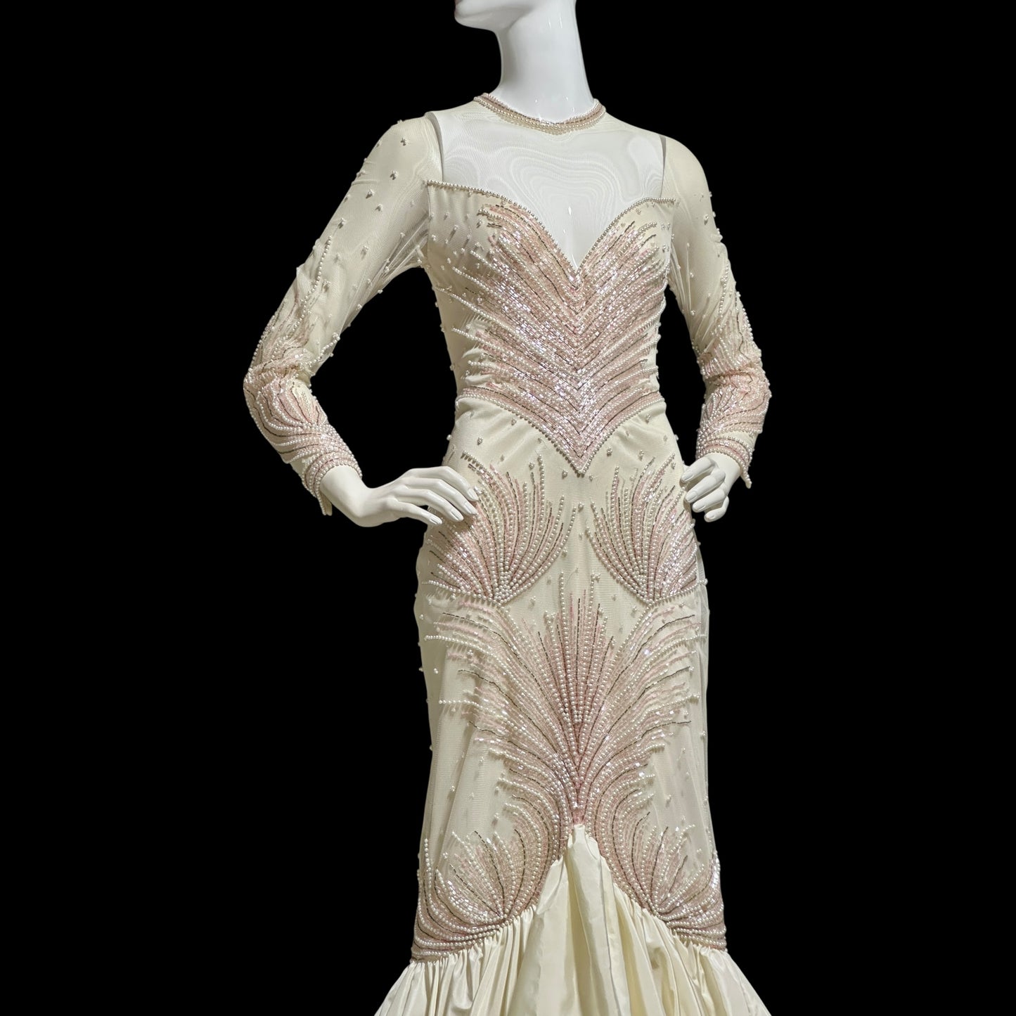 CARLOTA ALFARO, vintage 1980s evening gown, White pink beaded mermaid dress, ruffled bottom, illusion neckline