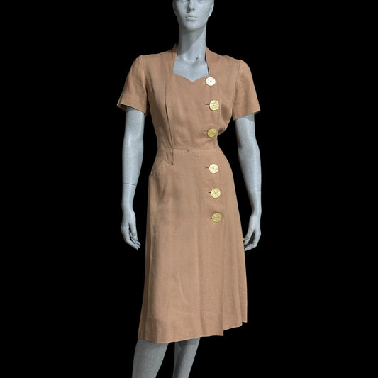 MOYGASHEL vintage 1940s taupe color linen day dress, coat dress, wrap button front dress