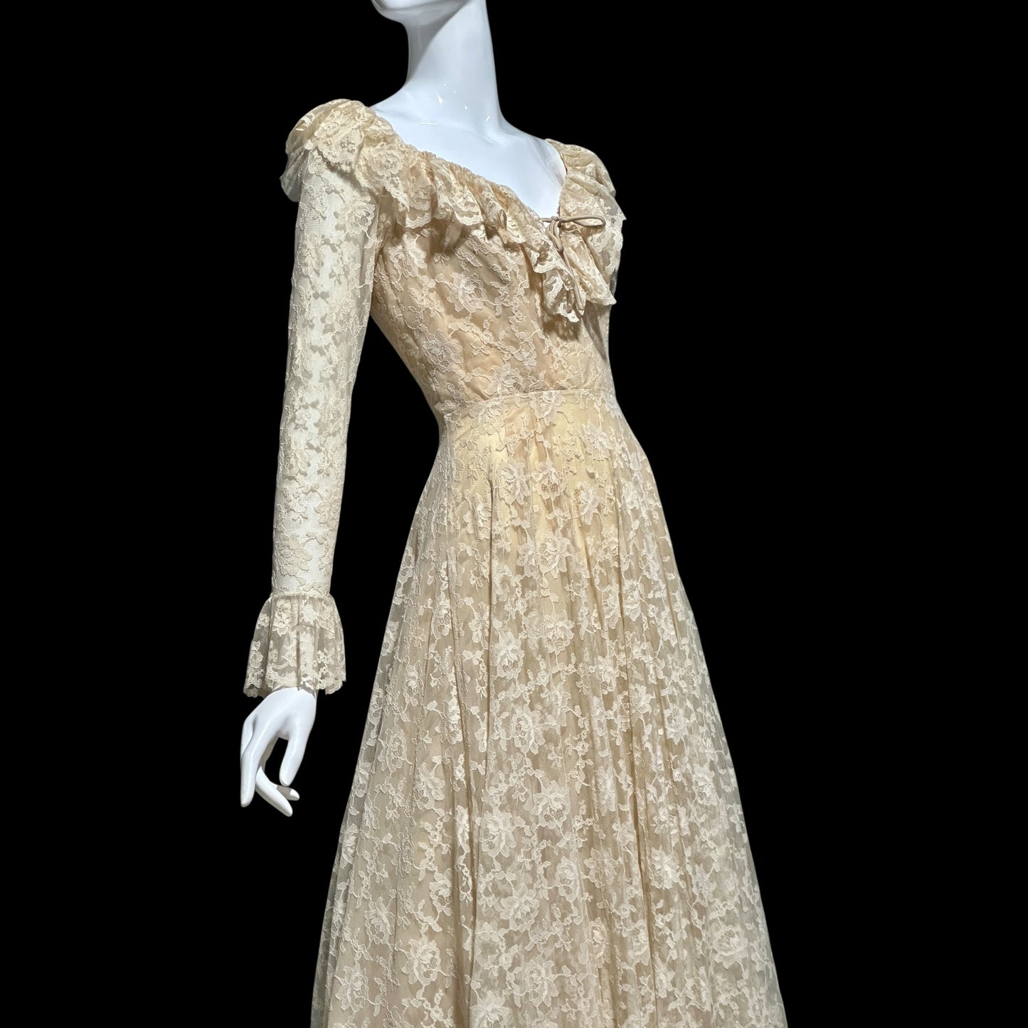 LES WILK 1970s vintage evening dress, lace beige ruffle deep V neckline full sweep wedding dress