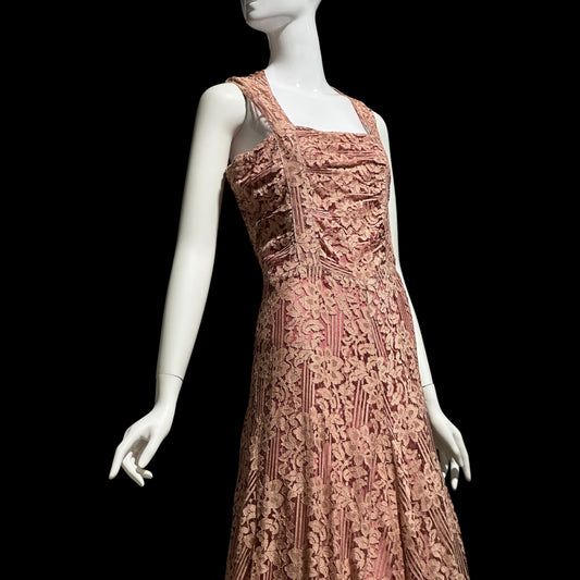 1930s vintage evening dress, Dusty pink lace sheath gown, fully lined