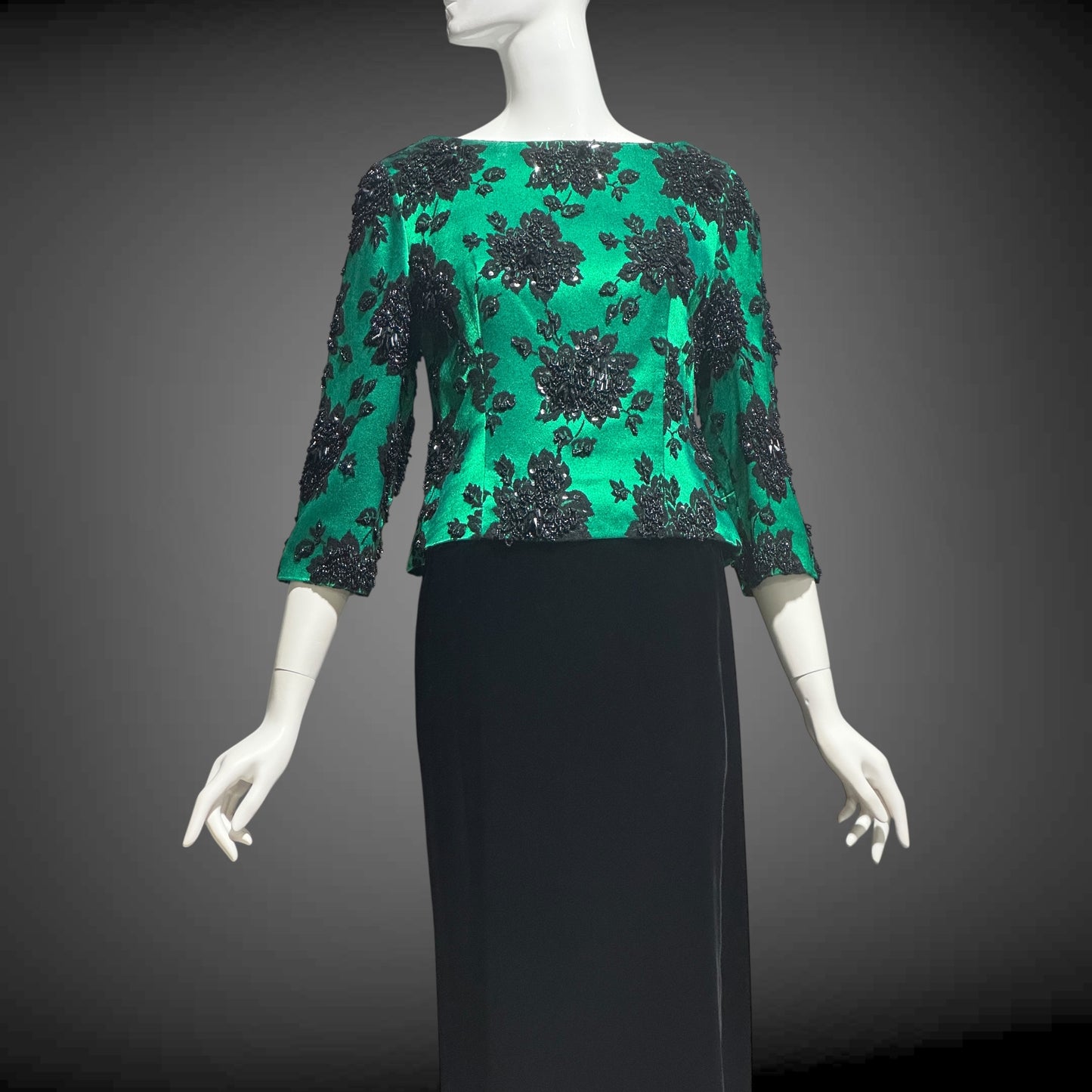 SAKS FIFTH AVE 1960s vintage evening dress, Beaded Black Velvet Green Satin 2 piece long dress