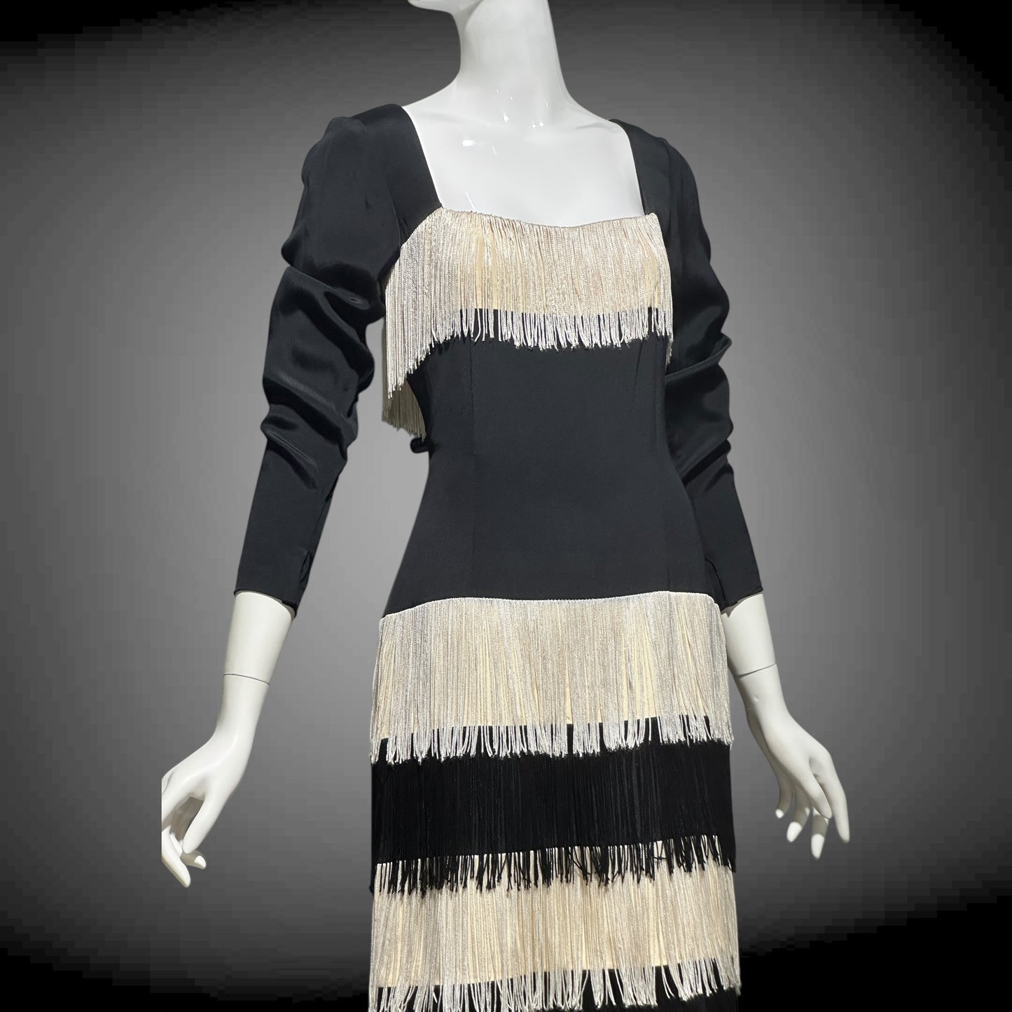 TRAVILLA vintage evening cocktail dress, 1960s black white fringed mod party dress