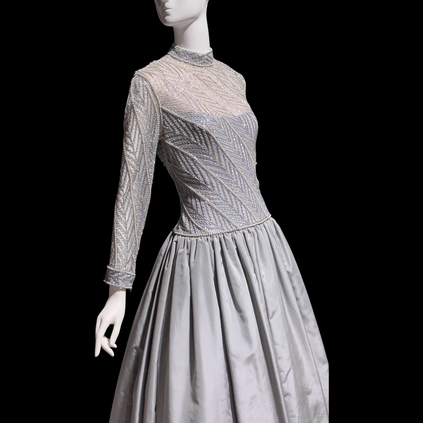 BOB MACKIE, vintage 1980s evening dress ball gown, Silver grey heavily beaded taffeta gown, Long sleeve high neck
