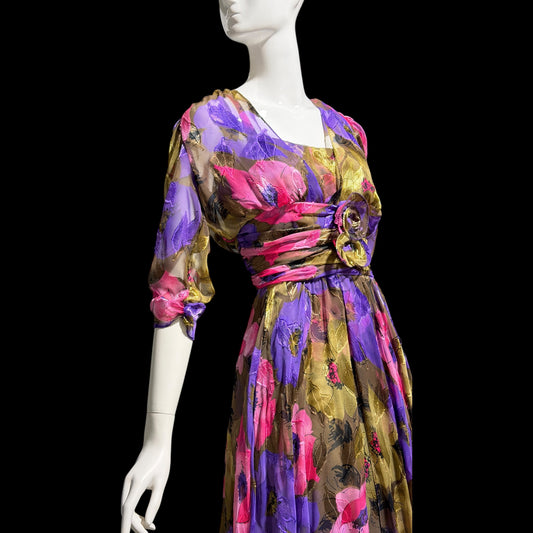 FRANK USHER LONDON, vintage 1970s evening dress, jewel tone floral chiffon with gold metallic