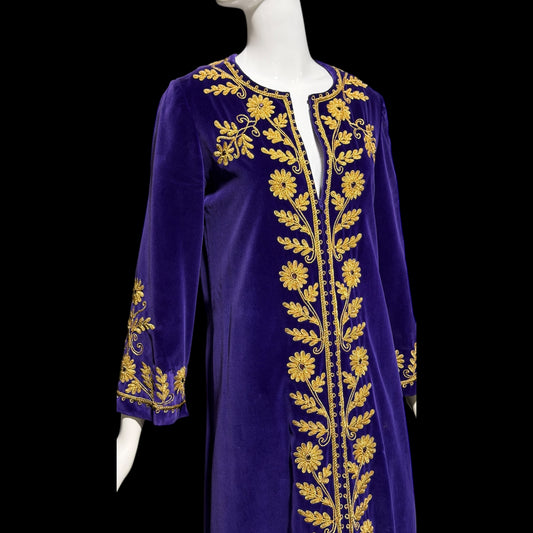MALOUF Perfect Negligee, I. MAGNIN, 1960s vintage caftan evening dress, Royal Purple velvet and gold metallic & rhinestones Kaftan