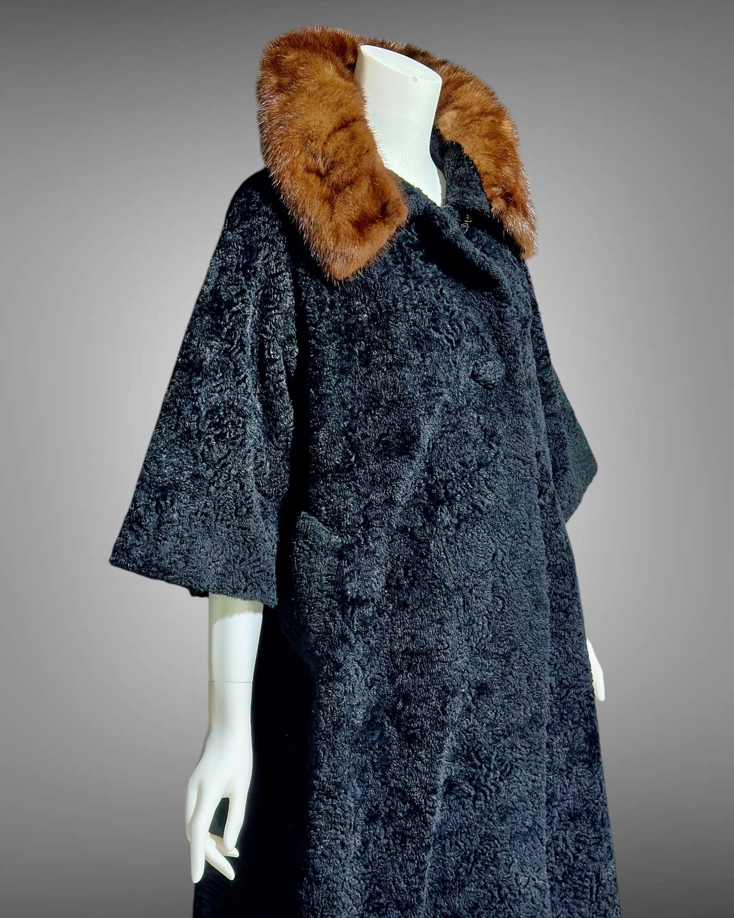 LILLI ANN 1950s vintage swing coat, Black boucle evening swing coat with mink collar