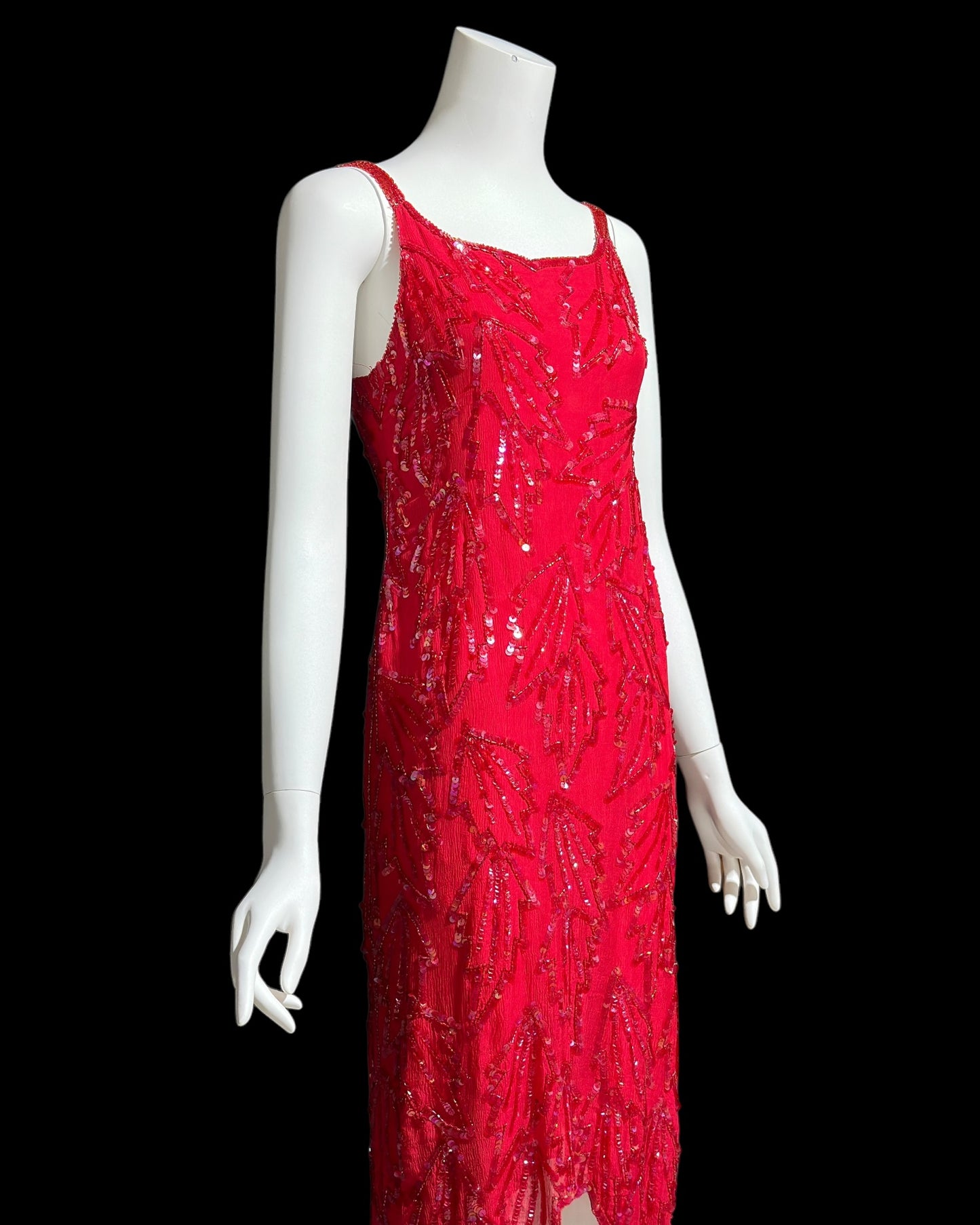 KAYE LOUISE vintage 1990s dress, red 100% silk and sequin beaded cocktail party slip dress